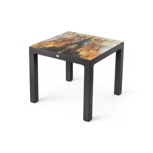 Rattan asztal színesüveg, barna, 90x90cm