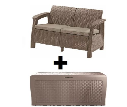 Corfu Love Seat 2 + műanyag kerti tároló Cappuccino AKCIÓS