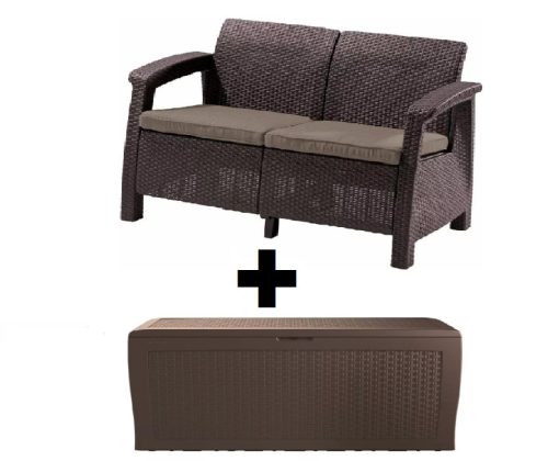 Corfu Love Seat 2 + műanyag kerti tároló Sötétbarna AKCIÓS