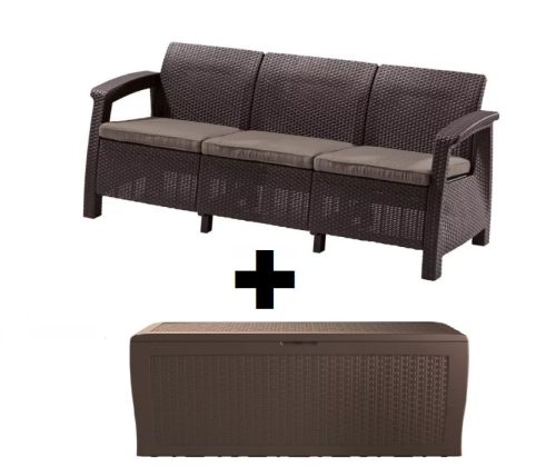 Corfu Love Seat Max 3 + műanyag kerti tároló Sötétbarna AKCIÓS