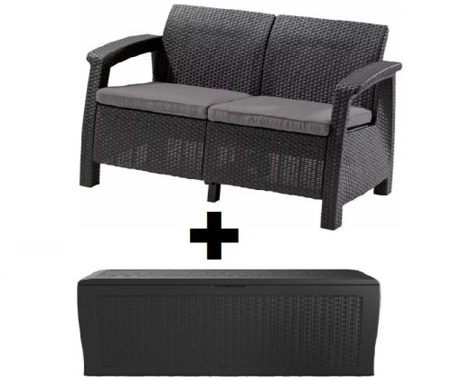 Corfu Love Seat 2 + műanyag kerti tároló Grafitszürke AKCIÓS