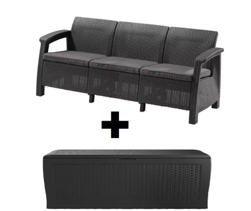 Corfu Love Seat Max 3 + műanyag kerti tároló Grafitszürke AKCIÓS