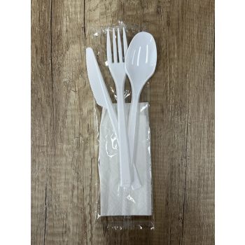 Csomagolt 3+1 db-os szett fehér evőeszköz szett