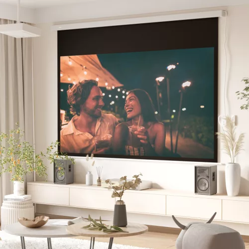 Projektorvászon 247 x 168 cm 100 hüvelykes 16:9 HD 4K vetítővászon, elektromos, távirányítóval, fehér