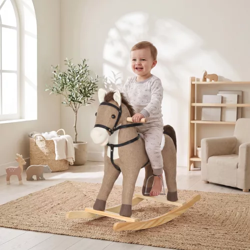  Schaukelpferd mit Sound und Sicherheitsgriffen, Reitpferd mit Holzgestell für Kleinkinder von 12–36 Monaten, Dunkelbraun