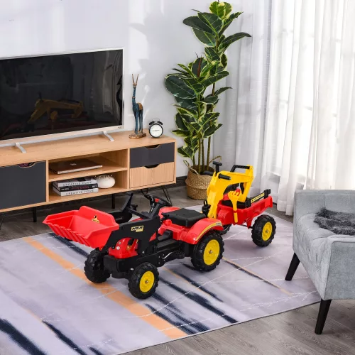 Pedálos traktor utánfutóval, homlokrakodóval, állítható ásóval, pedálos traktor 3 éves kortól, piros