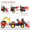 Pedálos traktor utánfutóval, homlokrakodóval, állítható ásóval, pedálos traktor 3 éves kortól, piros