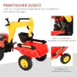 Pedálos traktor utánfutóval, homlokrakodóval, állítható ásóval, pedálos traktor 3 éves kortól, piros