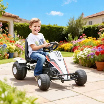   Gokart, pedálos autó állítható üléssel, fékkel, pedálhajtással, pedálos jármű előre- és hátrameneti fokozattal, gyermekjármű akár 35 kg teherbírással, 3-6 éves gyermekek számára, fehér
