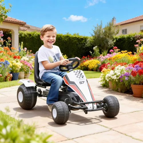 Gokart, pedálos autó állítható üléssel, fékkel, pedálhajtással, pedálos jármű előre- és hátrameneti fokozattal, gyermekjármű akár 35 kg teherbírással, 3-6 éves gyermekek számára, fehér