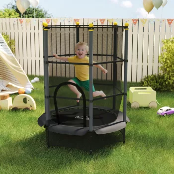   Gyerek trambulin, Ø140 cm, biztonsági hálóval, beltéri és kültéri használatra, acél, műanyag, teherbírás akár 50 kg, fekete