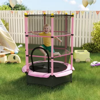   Gyerek trambulin, Ø140 cm, biztonsági hálóval, beltéri és kültéri használatra, acél, műanyag, teherbírás akár 50 kg, rózsaszín