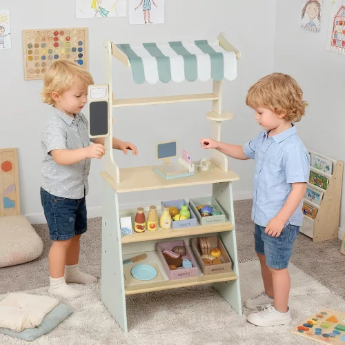 Gyerekjátékok, szupermarket pénztárgéppel, szkennerrel, táblával, 34 játékfelszereléssel, zöld