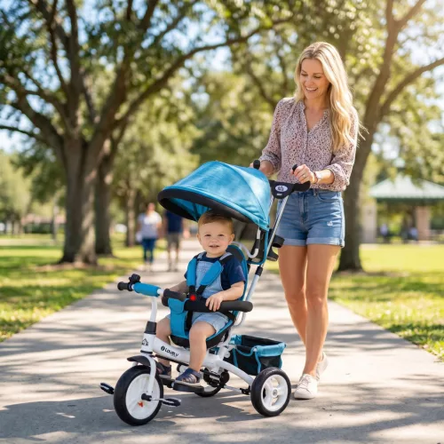  6-in-1 Kinderdreirad mit Schiebestange, Dach, Gurt, Ablagekorb, für 1-5 Jahre, Blau