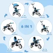  6-in-1 Kinderdreirad mit Schiebestange, Dach, Gurt, Ablagekorb, für 1-5 Jahre, Blau