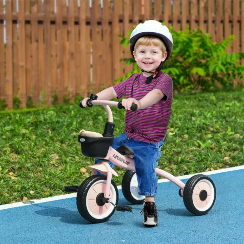  Dreirad für Kinder 2-5 Jahre, höhenverstellbarer Sitz, Klingel, Fahrradkorb, Metallrahmen, Rosa