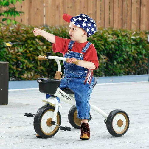  Dreirad für Kinder 2-5 Jahre, höhenverstellbarer Sitz, Klingel, Fahrradkorb, Metallrahmen, Weiß