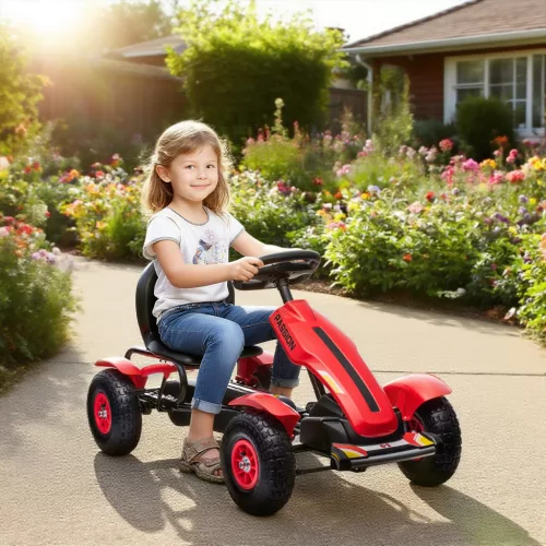 Gokart pedálos autó kézifékkel, állítható üléssel, előre- és hátrameneti fokozattal, 50 kg-ig, 5-12 éves gyermekek számára, piros