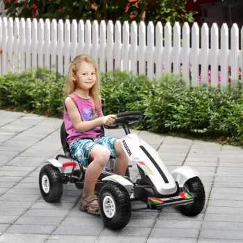   Gokart pedálos autó kézifékkel, állítható üléssel, előre és hátrameneti fokozattal, 50 kg-ig, 5-12 éves gyermekek számára, fehér