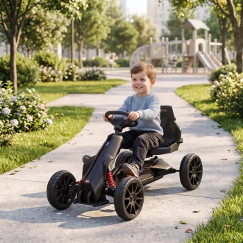   Gokart, gyermekjármű állítható üléssel, pedálos jármű, pedálos autó kézifékkel, 3-8 éves korig, kültéri, fekete