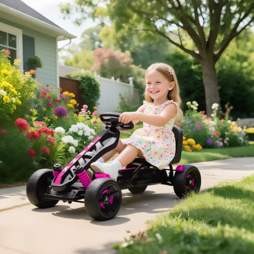 Pedálos gokart, pedálos autó gyerekeknek fékkel, csúszásgátló kerekekkel, fém vázzal, 3-6 éves korig, rózsaszín