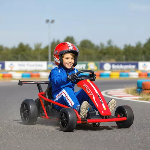 24 V-os elektromos gokart vezetéshez és driftelésre, nejlon gumiabroncsokkal, biztonsági övvel, kürttel, zenével, 8-12 éves korig, piros