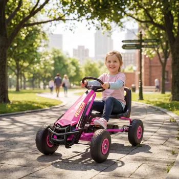   Pedálos gokart gyerekeknek, állítható magasságú ülés, EVA kerekek, fék, kuplung, 3-8 éves korig, rózsaszín
