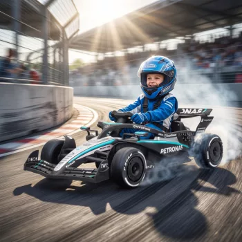   Mercedes-AMG PETRONAS F1 12V-os elektromos gokart gyerekeknek, lítium akkumulátorral ellátott gokart, 2 motorral, lágyindítással