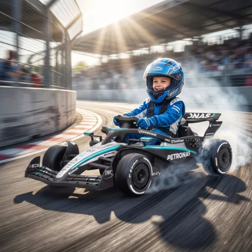 Mercedes-AMG PETRONAS F1 12V-os elektromos gokart gyerekeknek, lítium akkumulátorral ellátott gokart, 2 motorral, lágyindítással