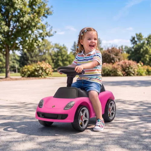 Porsche kisautó kürttel, lámpákkal és motorhanggal, 18-36 hónapos korig, rózsaszín