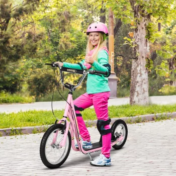   Gyerek roller légtömlős gumikkal és kézifékkel, 16 hüvelykes, magasságban állítható roller 5 éves kortól fiúknak és lányoknak, rózsaszín városi roller kickboardhoz