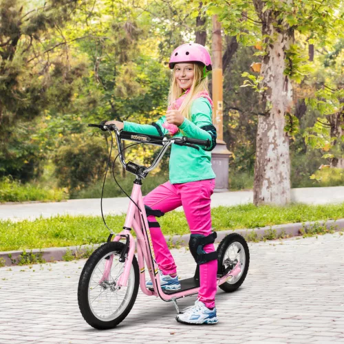 Gyerek roller légtömlős gumikkal és kézifékkel, 16 hüvelykes, magasságban állítható roller 5 éves kortól fiúknak és lányoknak, rózsaszín városi roller kickboardhoz