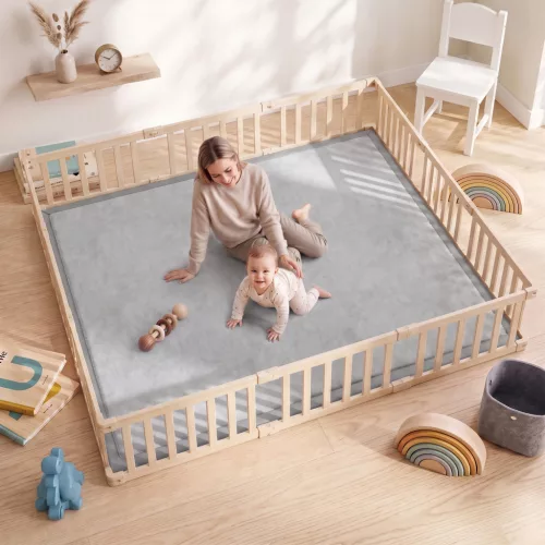  Krabbelmatte 3 cm dicke Spielmatte Baby mit weicher Flanell 150 x 180 cm rutschfest wasserabweisend Hellgrau