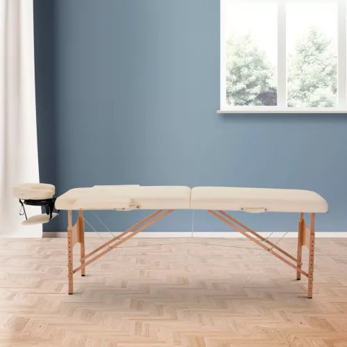 Masszázsasztal, összecsukható masszázskanapé, magasságban állítható masszázspad spa-ba, szalonba, műbőr, fa, krémfehér