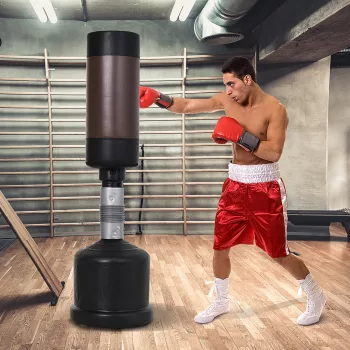   Szabadon álló boxzsák, boxbábu, edzőbábu, boxpartner, boxzsák, doboz, 158-186 cm magasságban állítható, ÚJ, fekete+barna