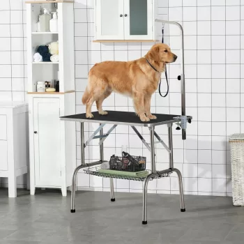   Kutyakozmetikai asztal, összecsukható kisállat-kozmetikai asztal állítható magasságú karral, hevederekkel, hálós kosárral, nyíróasztal 150 kg-ig, 90 x 60 x 75 cm, fekete