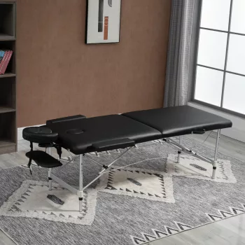   Masszázsasztal, 2 zónás összecsukható masszázsasztal műbőrrel, fejtámlával, karfákkal, táskával, magasságban állítható masszázspad 90 cm széles, teherbírás akár 225 kg, fekete