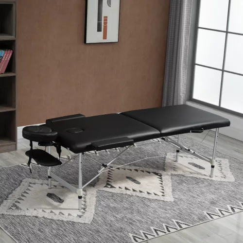 Masszázsasztal, 2 zónás összecsukható masszázsasztal műbőrrel, fejtámlával, karfákkal, táskával, magasságban állítható masszázspad 90 cm széles, teherbírás akár 225 kg, fekete