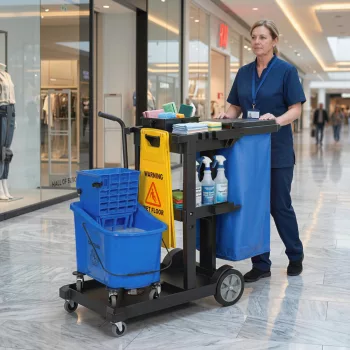   Takarítókocsi, guruló takarítókocsi 3 polccal, 70 literes szemeteszsákkal, felmosóvödörrel, kék