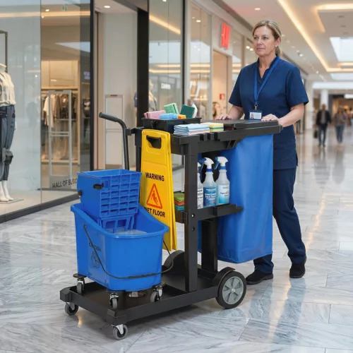 Takarítókocsi, guruló takarítókocsi 3 polccal, 70 literes szemeteszsákkal, felmosóvödörrel, kék