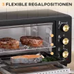 Mini sütő, kenyérpirító, időzítő, sütőrács, sütőlap, üvegablak, fém, fekete
