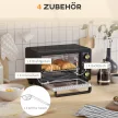 Mini sütő, kenyérpirító, időzítő, sütőrács, sütőlap, üvegablak, fém, fekete