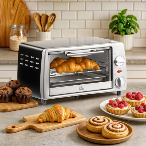 Mini sütő 10 L 750W 100-230℃ 60 perces időzítővel, sütőlappal, grillráccsal és kivehető alsó tálcával, pizzakemence ezüst színű