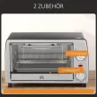 Mini sütő 10 L 750W 100-230℃ 60 perces időzítővel, sütőlappal, grillráccsal és kivehető alsó tálcával, pizzakemence ezüst színű