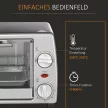 Mini sütő 10 L 750W 100-230℃ 60 perces időzítővel, sütőlappal, grillráccsal és kivehető alsó tálcával, pizzakemence ezüst színű