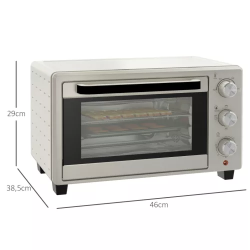 Mini sütő, kis 21 literes kenyérpirító sütő 1 sütőráccsal és 1 sütőtálcával, 3 sütési mód, 100°C-230°C, rozsdamentes acél, üveg, krémfehér