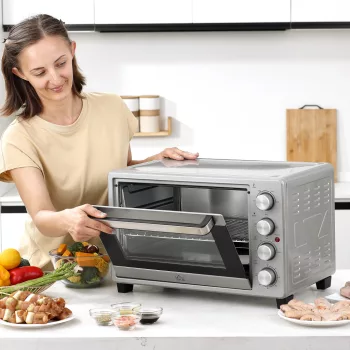   Mini sütő 32L 100°C-230°C 1600W Mini sütő sütőtálcával, morzsatálcával, grillráccsal és 3 sütési móddal Pizza sütő időzítővel Sütőtálca fogantyú Rozsdamentes acél Ezüst