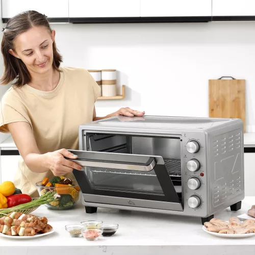Mini sütő 32L 100°C-230°C 1600W Mini sütő sütőtálcával, morzsatálcával, grillráccsal és 3 sütési móddal Pizza sütő időzítővel Sütőtálca fogantyú Rozsdamentes acél Ezüst