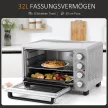 Mini sütő 32L 100°C-230°C 1600W Mini sütő sütőtálcával, morzsatálcával, grillráccsal és 3 sütési móddal Pizza sütő időzítővel Sütőtálca fogantyú Rozsdamentes acél Ezüst