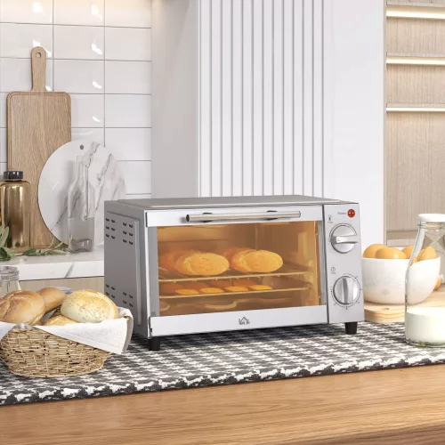 Mini sütő, 9 literes mini sütő sütőtálcával, grillráccsal, állítható hőmérséklettel és sütési idővel, rozsdamentes acél, ezüst